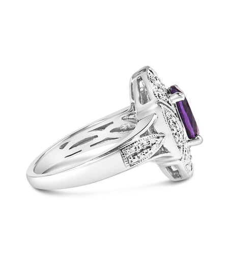 .925 Sterling Silver 9x7mm Oval Purple Amethyst and Round Diamond Accent Fashion Cocktail Ring (I-J Color, I1-I2 Clarity) by Haus of Brilliance