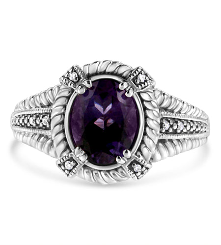.925 Sterling Silver Prong Set Natural Oval Shape 9X7 MM Purple Amethyst Solitaire and Diamond Accent Ring (I-J Color, I1-I2 Clarity) by Infinite Jewels