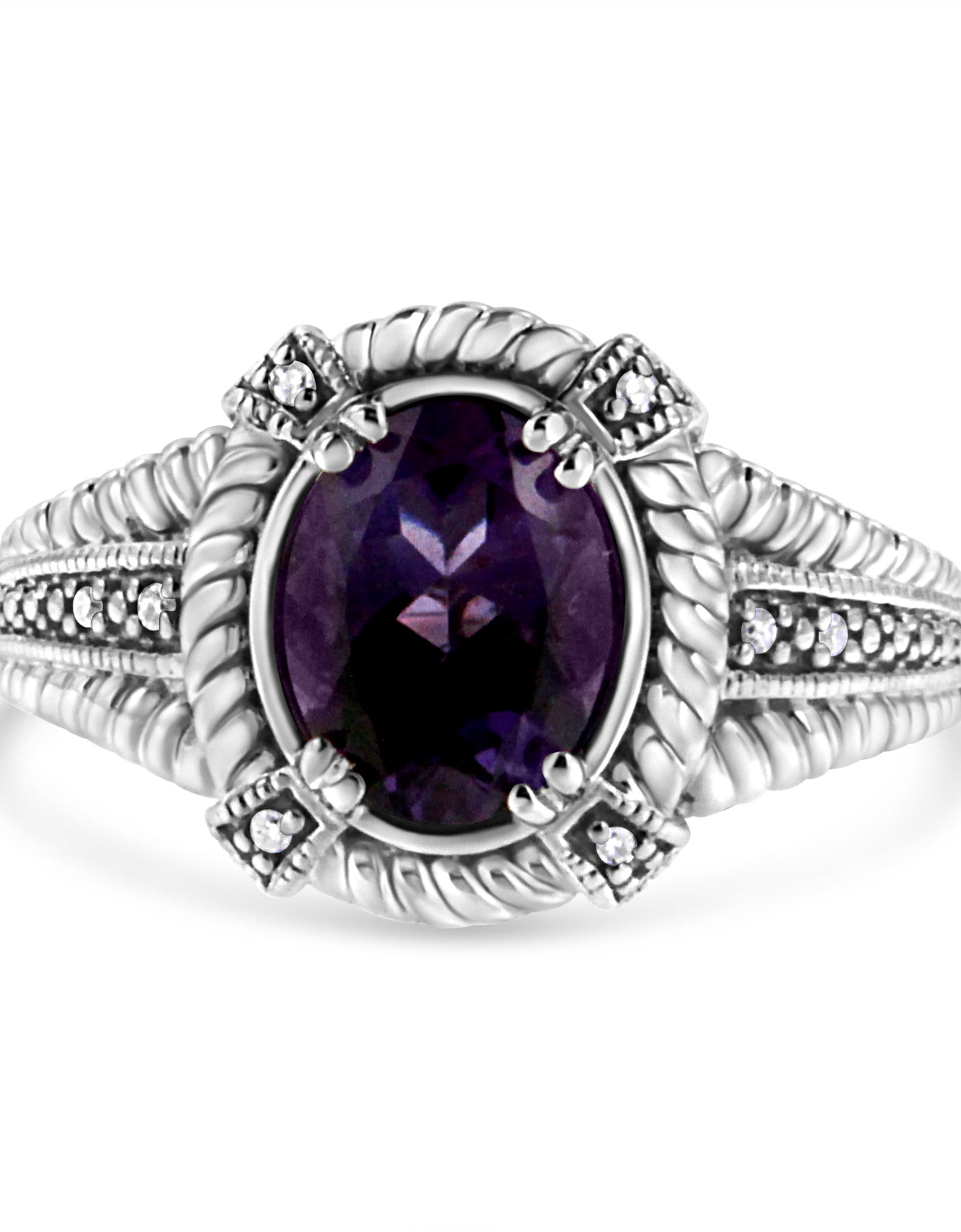 .925 Sterling Silver Prong Set Natural Oval Shape 9X7 MM Purple Amethyst Solitaire and Diamond Accent Ring (I-J Color, I1-I2 Clarity) by Infinite Jewels