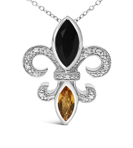 .925 Sterling Silver Marquise Onyx and Citrine and Diamond Accent Fleur De Lis Pendant Necklace (H-I Color, SI1-SI2 Clarity) - 18" by Infinite Jewels