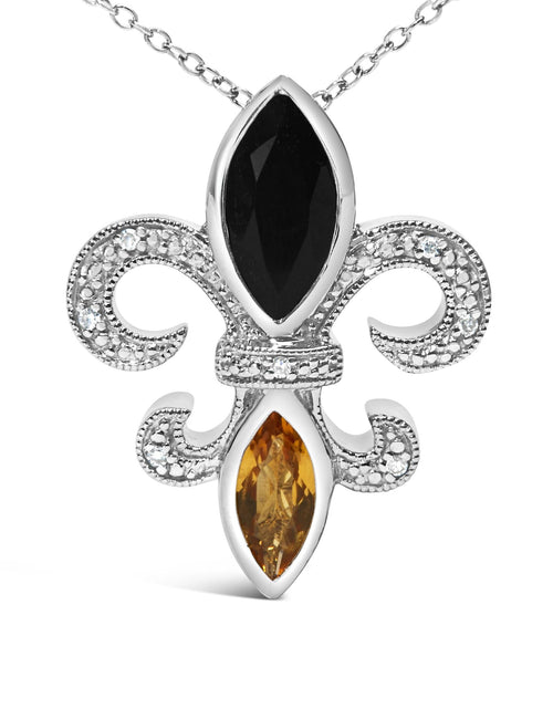 Load image into Gallery viewer, .925 Sterling Silver Marquise Onyx and Citrine and Diamond Accent Fleur De Lis Pendant Necklace (H-I Color, SI1-SI2 Clarity) - 18" by Haus of Brilliance
