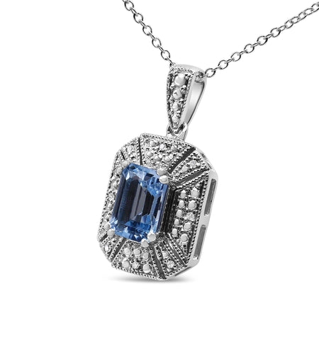 .925 Sterling Silver Blue Topaz and Diamond Accent Art Deco Style 18" Pendant Necklace (I-J Color, I1-I2 Clarity) by Infinite Jewels