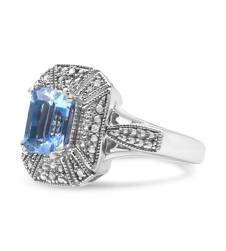 .925 Sterling Silver Diamond Accent and 8X6 mm Emerald-Shape Blue Topaz Ring (I-J Color, I2-I3 Clarity) by Infinite Jewels