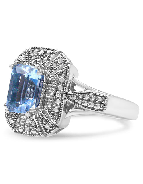 Load image into Gallery viewer, .925 Sterling Silver Diamond Accent and 8X6 mm Emerald-Shape Blue Topaz Ring (I-J Color, I2-I3 Clarity) by Haus of Brilliance
