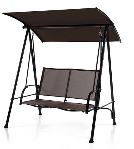 2-Seat Outdoor Canopy Swing with Comfortable Fabric Seat and Heavy-duty Metal Frame-Brown