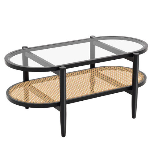 Load image into Gallery viewer, 2-Tier Coffee Table with Tempered Glass Tabletop and Acacia Wood Frame-Black
