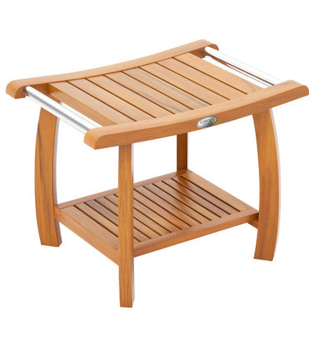 2-Tier Teak Wood Shower Bench Shower Stool with Curved Seat and Handles