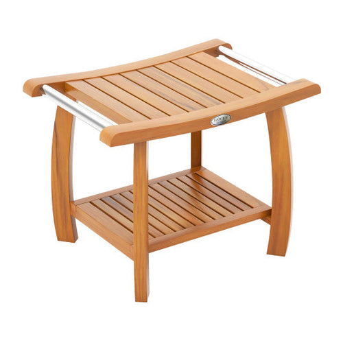 Load image into Gallery viewer, 2-Tier Teak Wood Shower Bench Shower Stool with Curved Seat and Handles

