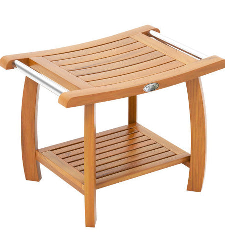 2-Tier Teak Wood Shower Bench Shower Stool with Curved Seat
