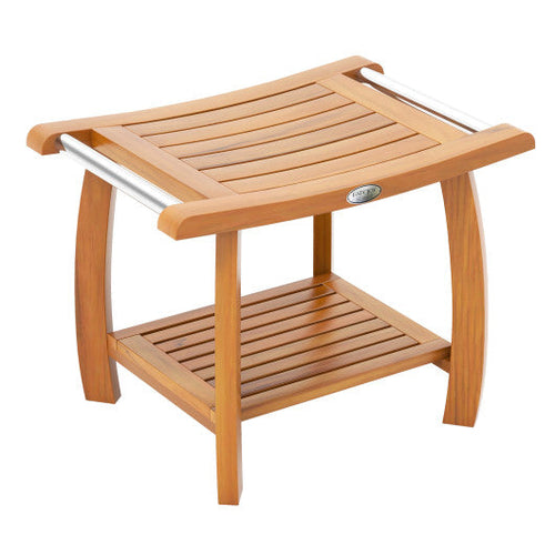 Load image into Gallery viewer, 2-Tier Teak Wood Shower Bench Shower Stool with Curved Seat
