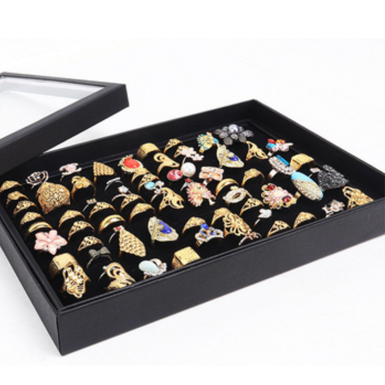 100 Slots Jewelry Ring Display Organizer Tray Holder Earrings Storage Box Case