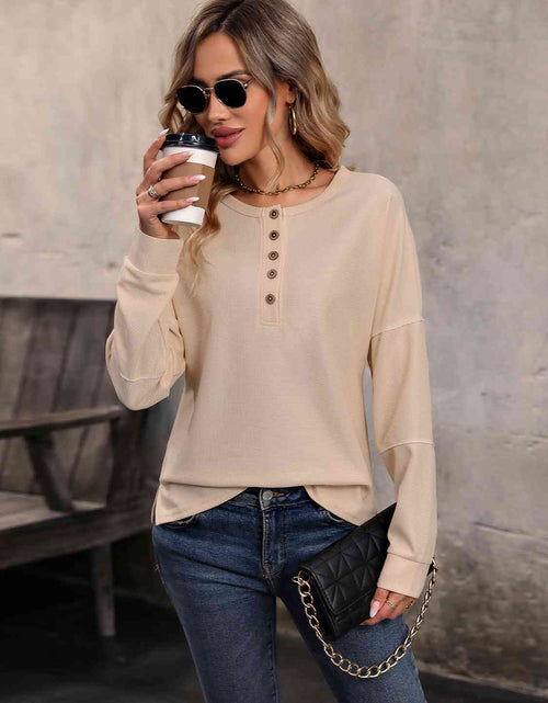 Load image into Gallery viewer, Round Neck Buttoned Slit Long Sleeve Top
