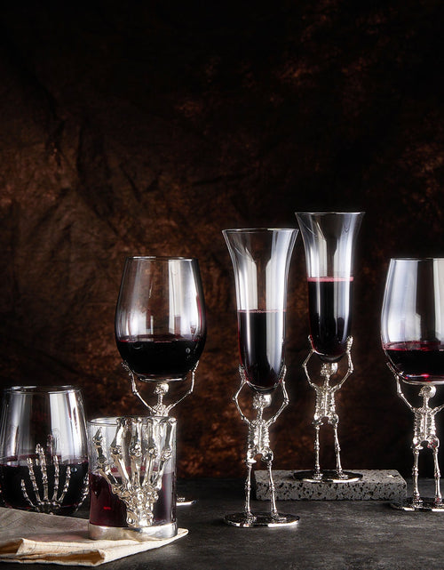 Load image into Gallery viewer, Stemless Skeleton Wine Glass | SINGLE | 17oz Halloween Skeleton Glasses 5" H, Goth Gifts, Skeleton Gifts, Skeleton Decor, Spooky Wine Gift Set, Perfect for Halloween Themed Parties by The Wine Savant
