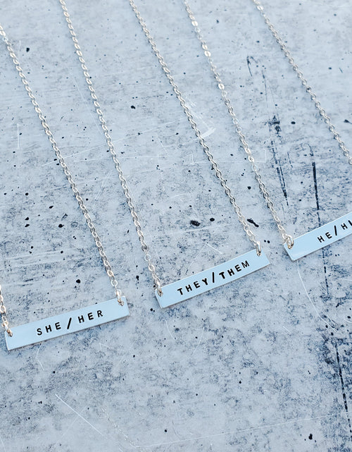 Load image into Gallery viewer, THEY/THEM Pronoun Bar Necklace by Salt and Sparkle
