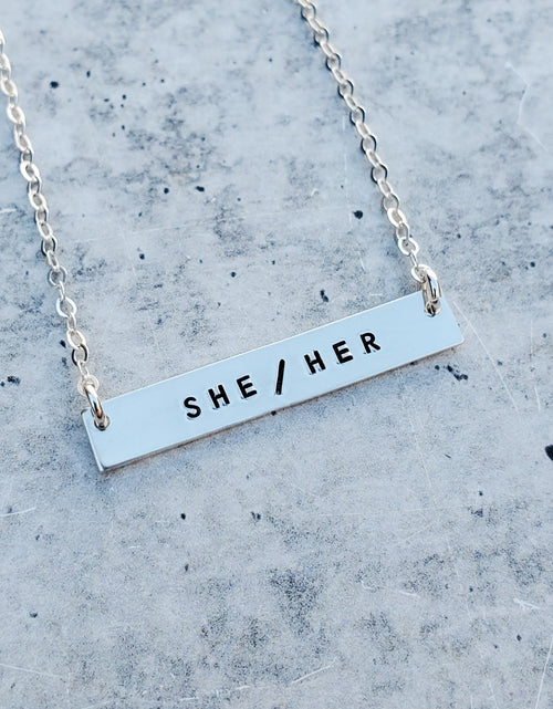 Load image into Gallery viewer, THEY/THEM Pronoun Bar Necklace by Salt and Sparkle
