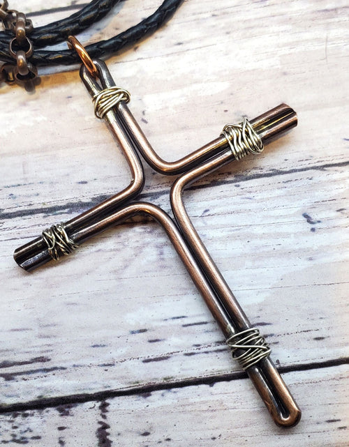 Load image into Gallery viewer, Handmade Copper and Silver Wire Cross Necklace for men by Alexa Martha Designs
