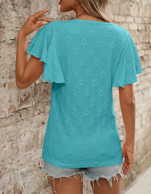 Load image into Gallery viewer, Eyelet Round Neck Flutter Sleeve Top
