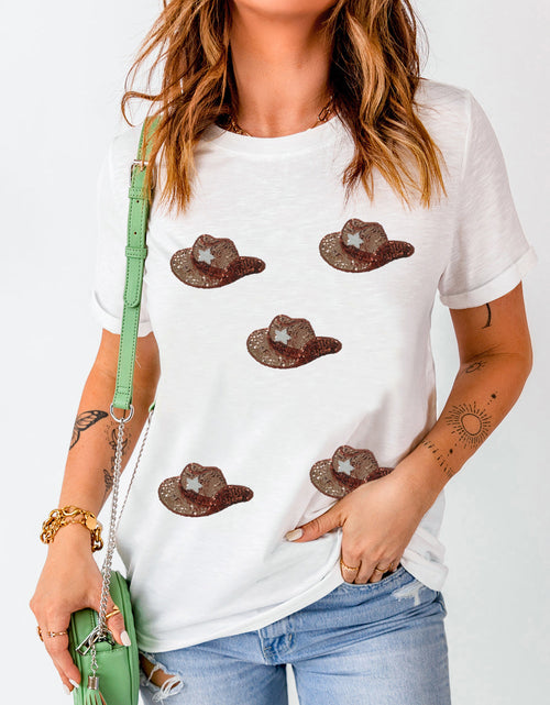 Load image into Gallery viewer, Sequin Hat Round Neck Short Sleeve T-Shirt

