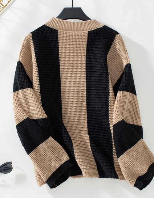 Load image into Gallery viewer, Waffle-Knit V-Neck Striped Long Sleeve Cardigan
