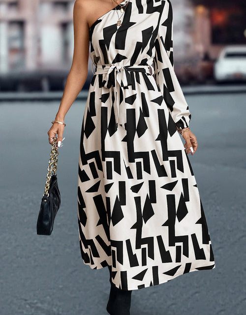 Load image into Gallery viewer, Printed One-Shoulder Tie Waist Dress
