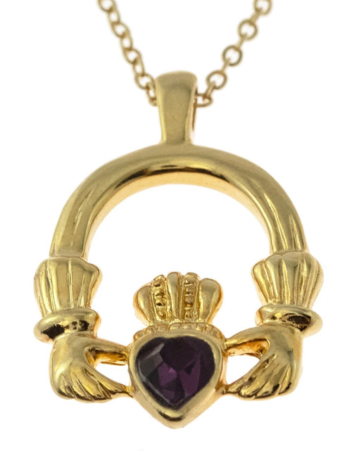 Load image into Gallery viewer, Vintage Claddagh Necklace Austrian Heart Crystal 18k Yellow Gold Electroplated Made in the USA by PVD Vintage Jewelry
