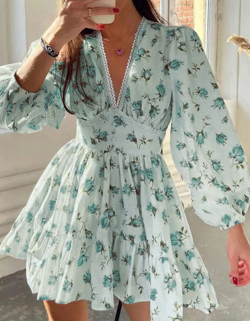 Load image into Gallery viewer, Lace Detail V-Neck Balloon Sleeve Dress
