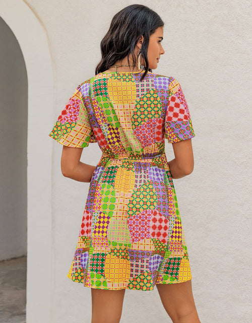 Load image into Gallery viewer, Crochet Trim Printed V-Neck Short Sleeve Mini Dress
