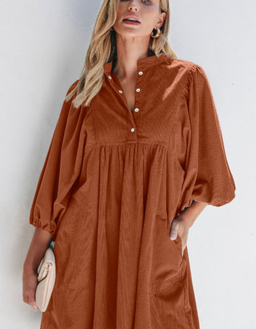 Load image into Gallery viewer, Corduroy Quarter Snap Three-Quarter Sleeve Dress
