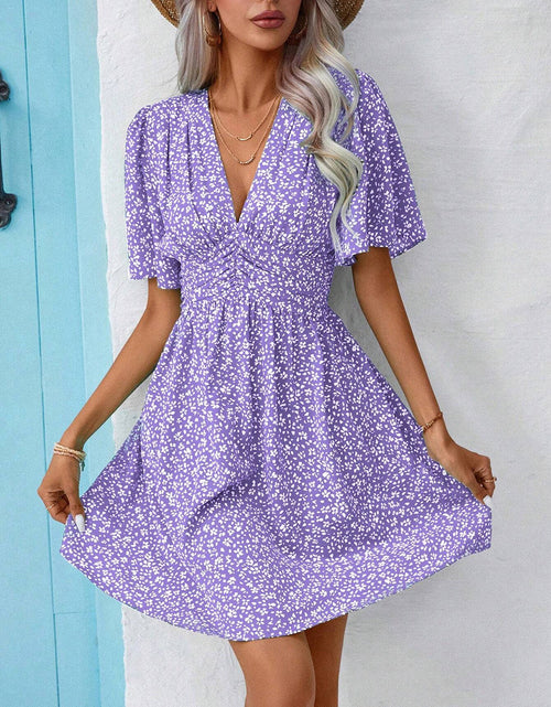 Load image into Gallery viewer, Printed V-Neck Half Sleeve Mini Dress
