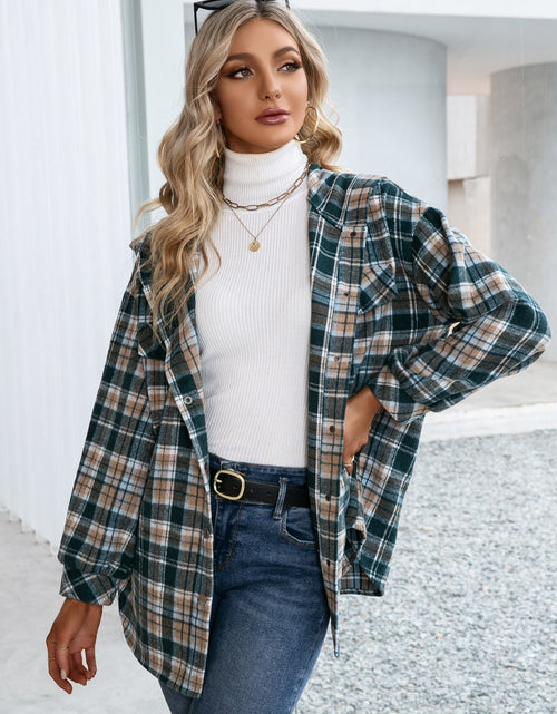 Load image into Gallery viewer, Ivy Lane Plaid Snap Down Hooded Jacket
