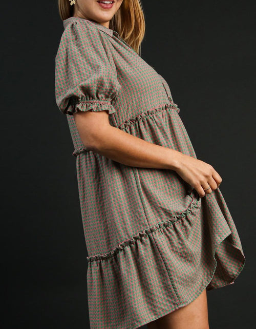 Load image into Gallery viewer, Umgee Full Size Plaid Frill Button Detail Ruffled Short Sleeve Dress Plus Size
