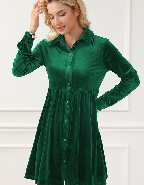 Load image into Gallery viewer, Ruched Button Up Collared Neck Long Sleeve Shirt Dress
