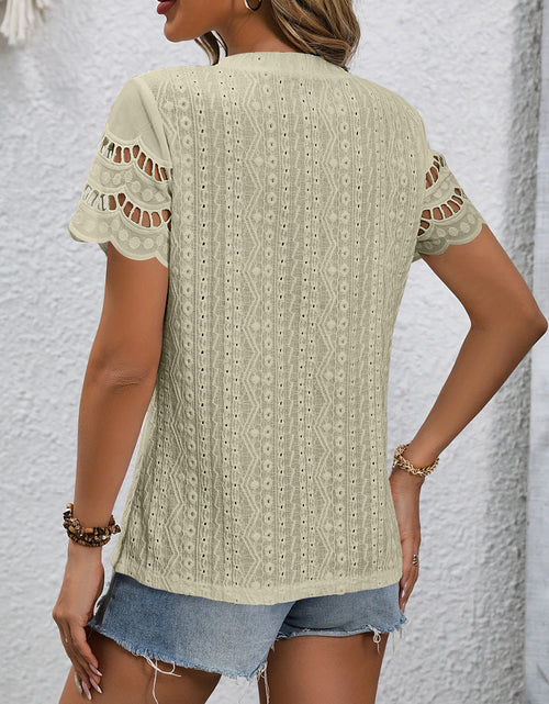 Load image into Gallery viewer, Full Size Eyelet Round Neck Short Sleeve Top
