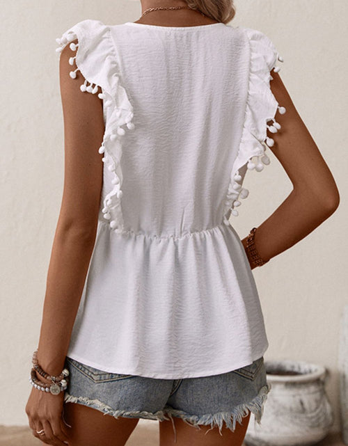 Load image into Gallery viewer, Perfee Embroidered Pom-Pom Trim Cap Sleeve Babydoll Top
