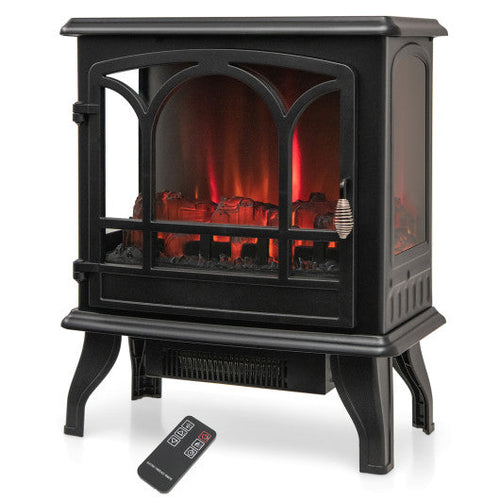 Load image into Gallery viewer, 1400W Electric Stove Heater with 3-Level Flame Effect and 3-Sided View-Black
