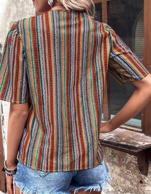 Load image into Gallery viewer, Shiny Printed V-Neck Button-Up Short Sleeve Top
