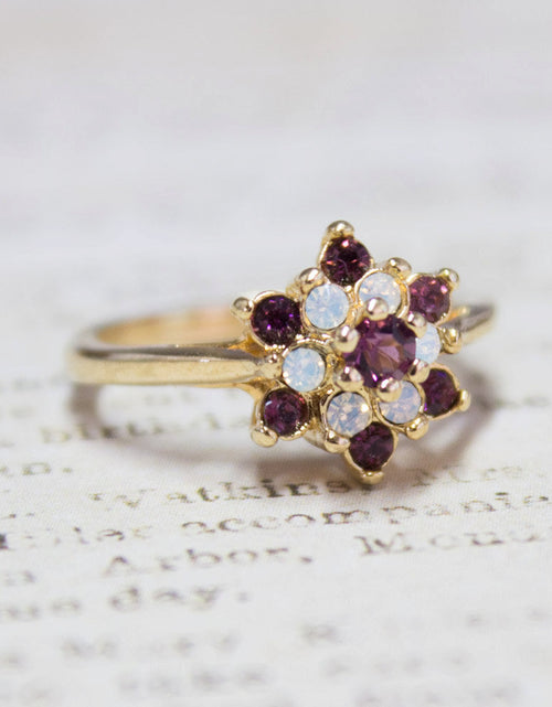 Load image into Gallery viewer, Vintage Rose and Amethyst Austrian Crystal Star Ring 18k Yellow Gold Electroplate Made in the USA by PVD Vintage Jewelry
