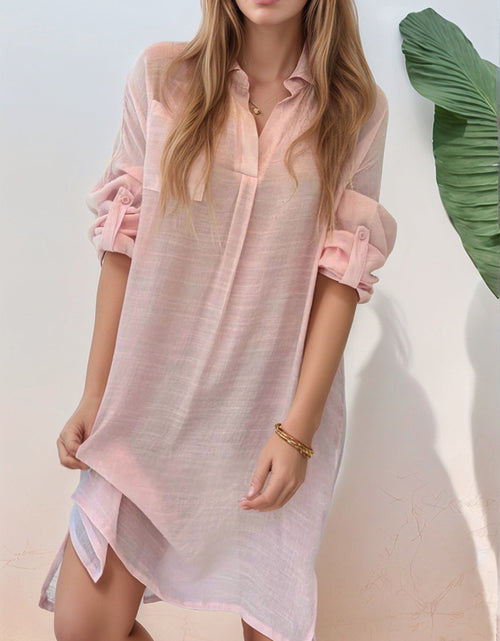 Load image into Gallery viewer, Full Size Side Slit Roll-Tab Sleeve Mini Shirt Dress Plus Size
