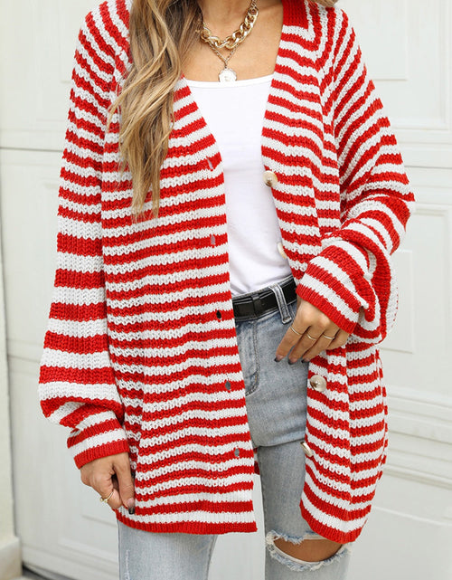 Load image into Gallery viewer, Angel Wings Striped Button Up Long Sleeve Cardigan
