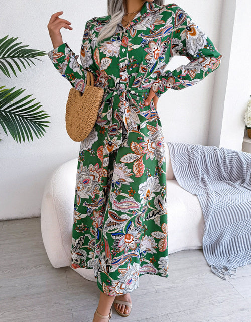 Load image into Gallery viewer, Tied Printed Long Sleeve Midi Dress
