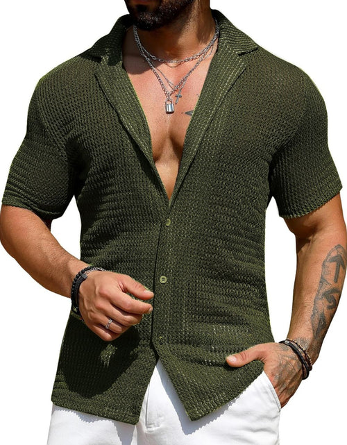 Load image into Gallery viewer, Men's Full Size Openwork Button Down Short Sleeve Shirt Plus Size
