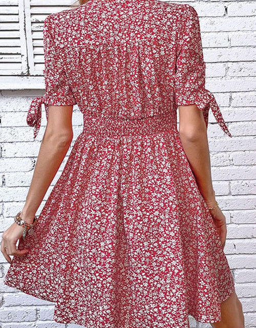 Load image into Gallery viewer, Perfee Ditsy Floral Tied Puff Sleeve Button Front Dress
