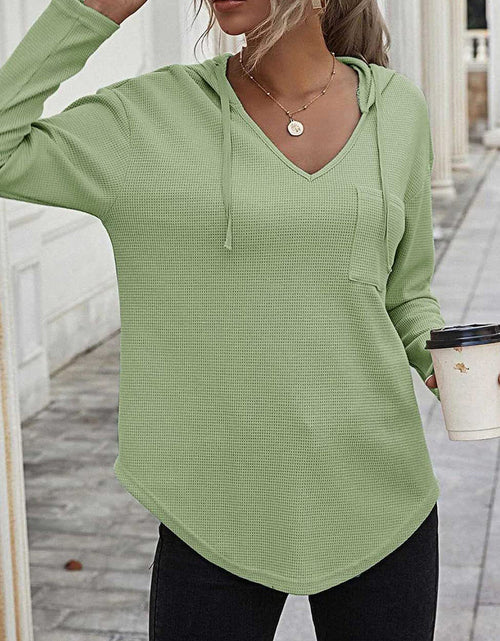 Load image into Gallery viewer, Drawstring Waffle Knit Long Sleeve Hooded Top
