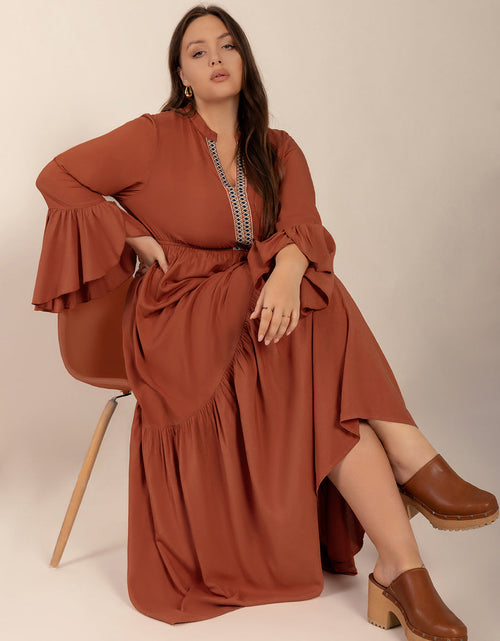 Load image into Gallery viewer, Plus Size Ruffled Notched Long Sleeve Midi Dress
