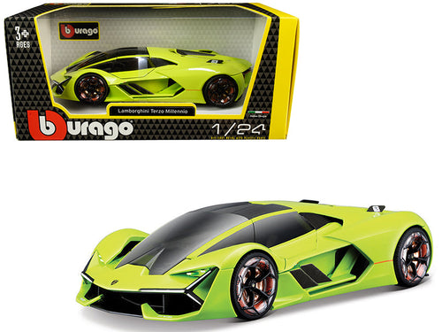 Load image into Gallery viewer, Lamborghini Terzo Millennio Lime Green with Black Top and Carbon Accents 1/24 Diecast Model Car by Bburago
