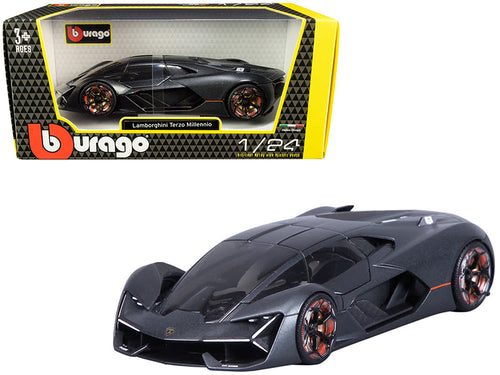 Load image into Gallery viewer, Lamborghini Terzo Millennio Dark Gray Metallic with Black Top and Carbon Accents 1/24 Diecast Model Car by Bburago
