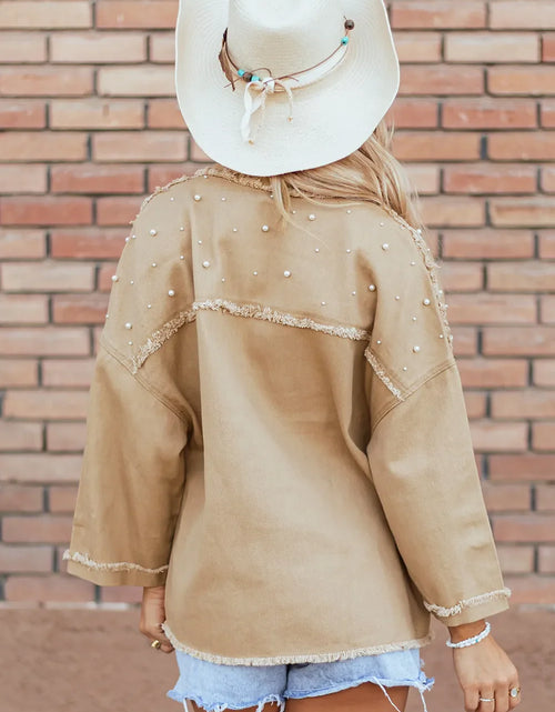 Load image into Gallery viewer, Raw Hem Pearl Trim Dropped Shoulder Denim Jacket
