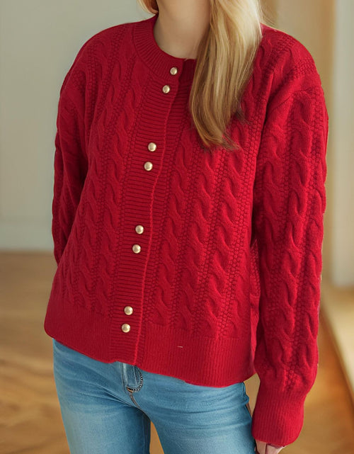 Load image into Gallery viewer, Cable-Knit Round Neck Long Sleeve Cardigan
