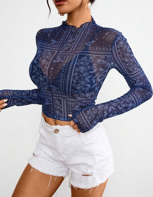 Load image into Gallery viewer, Paisley Mock Neck Long Sleeve Sheer Top
