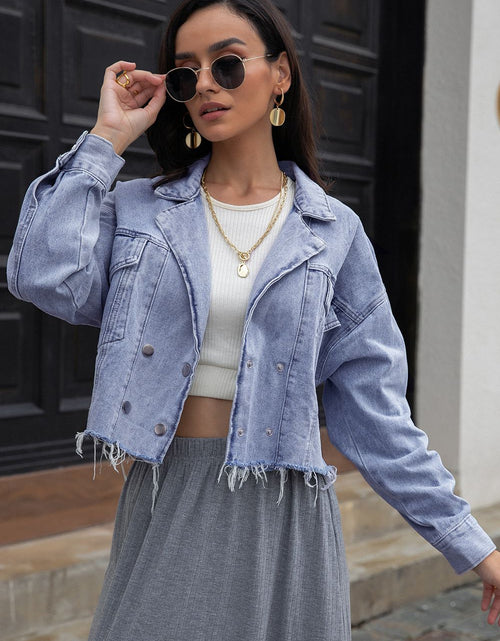 Load image into Gallery viewer, Lapel Collar Long Sleeve Denim Jacket
